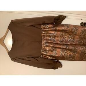 Brown Long Sleeve handmade fit size medium Dress with Metallic Patterned Skirt